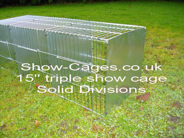 Triple 15" Rabbit Show cages with hinged doors, solid divisions and metal rings to assemble.